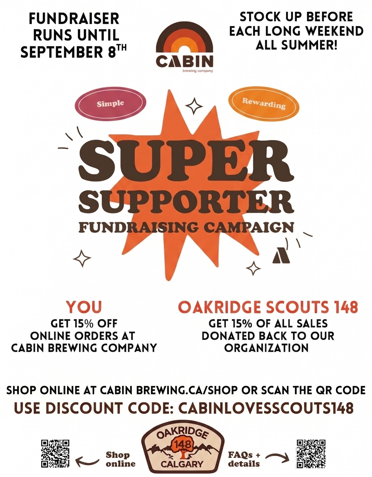 Cabin Brewing Super Supporter fundraiser poster for Oakridge Scouts 148