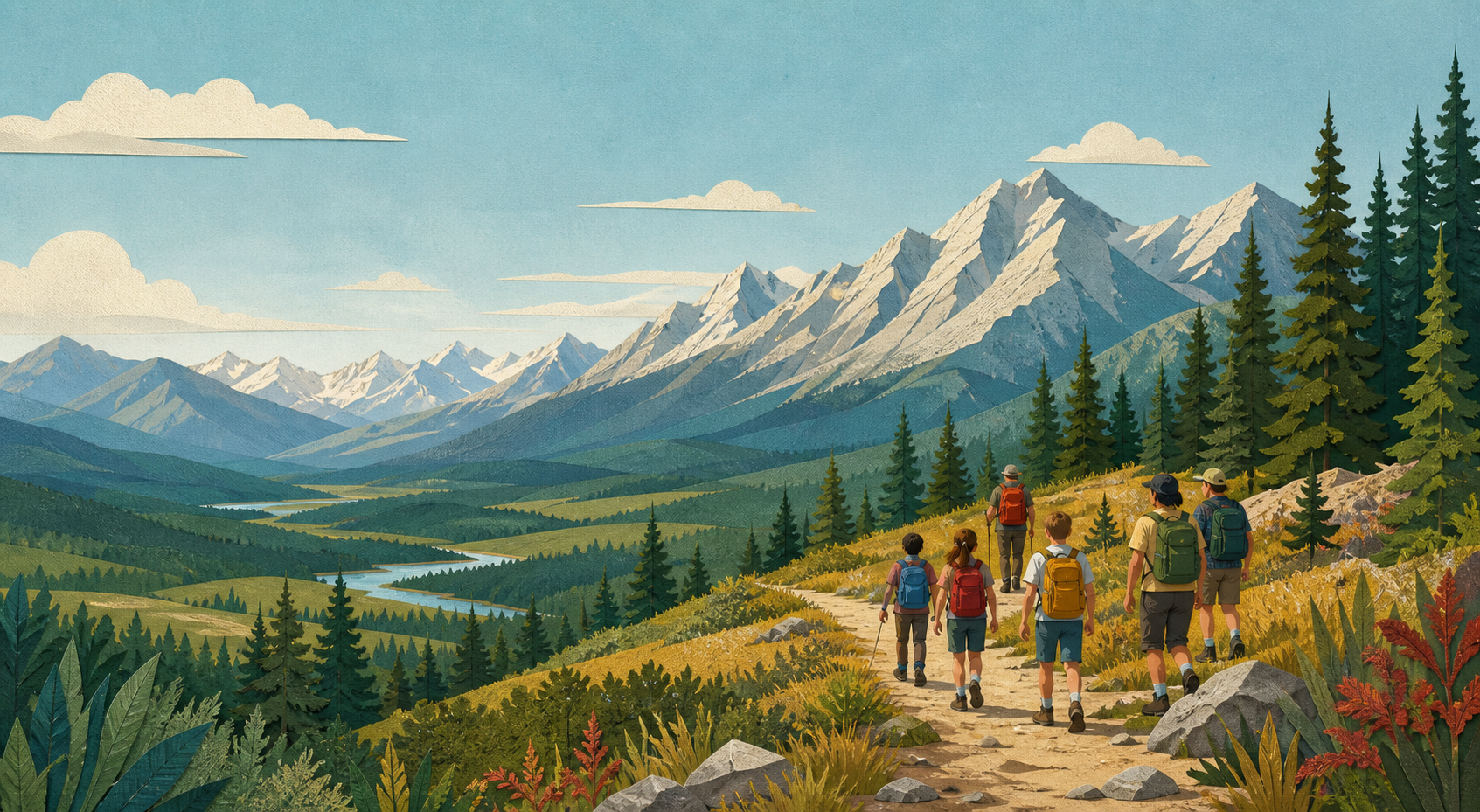 Illustration of a group hiking toward the Rocky Mountains
